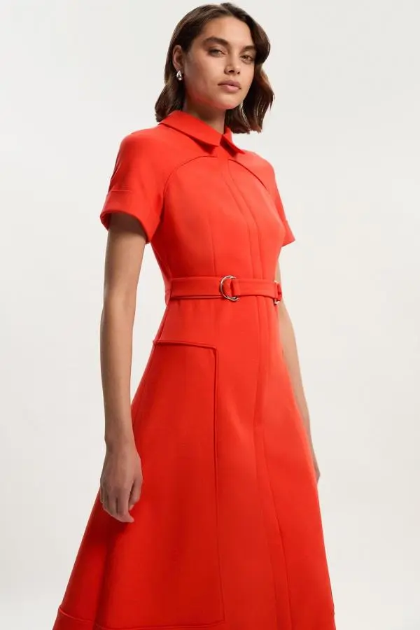 Compact Stretch Tab Detail Full Skirted Midi Dress - Tomato Red