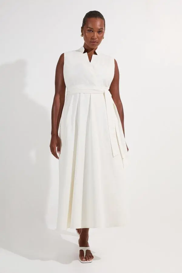 Plus Size Denim Tailored Notch Neck Belted Fluid Midi Dress - Ivory
