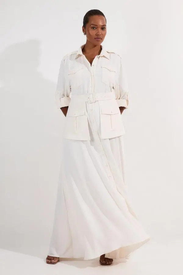 Lydia Millen Plus Size Soft Tailored Belted Maxi Shirt Dress - Ivory