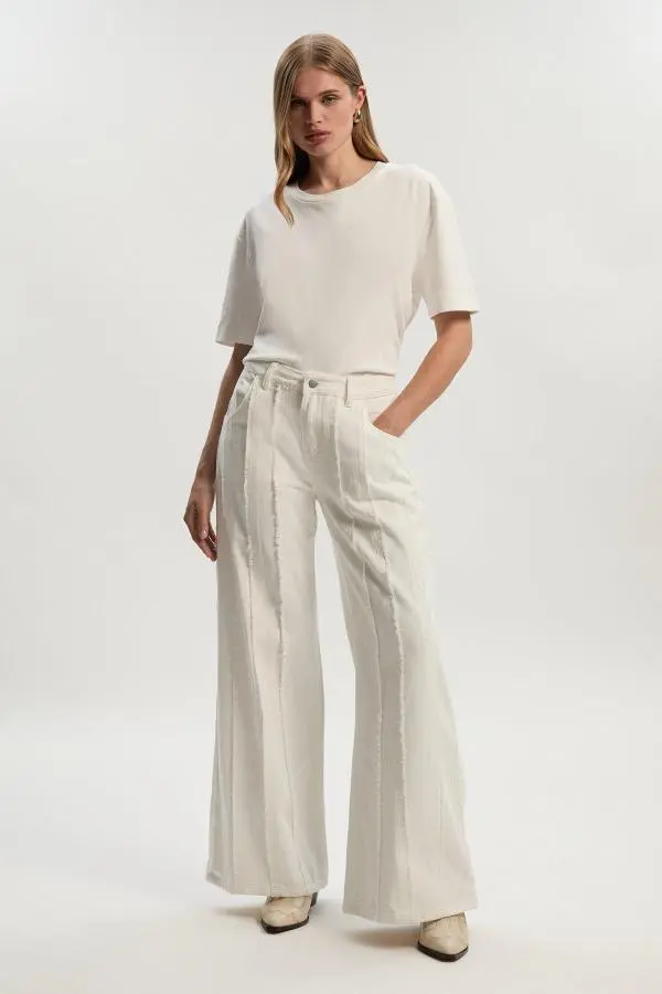 Denim Tassel Detail Wide Leg Jeans - Ivory