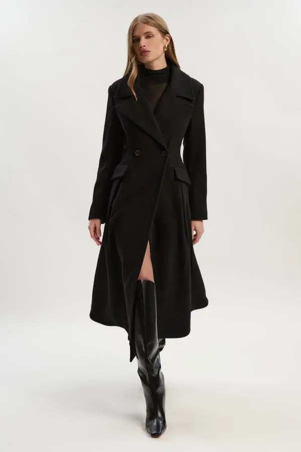 Wool Tailored Flared Skirt Midi Coat - Black