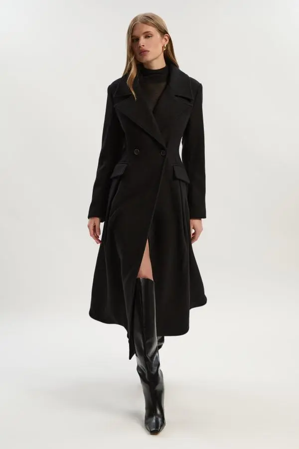 Wool Tailored Flared Skirt Midi Coat - Black