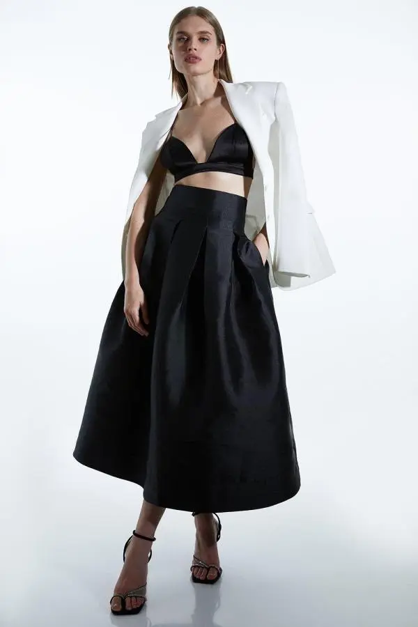 Twill Woven Prom Maxi Skirt - Black
