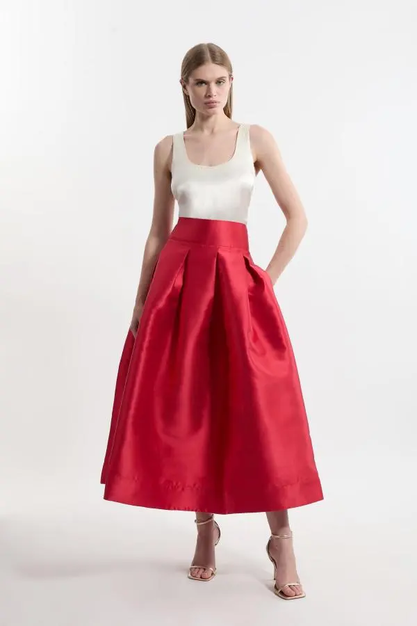 Twill Woven Prom Maxi Skirt - Red