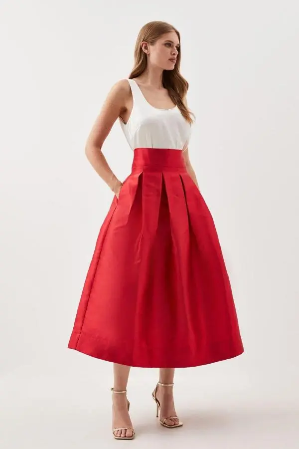 Twill Woven Prom Maxi Skirt - Red