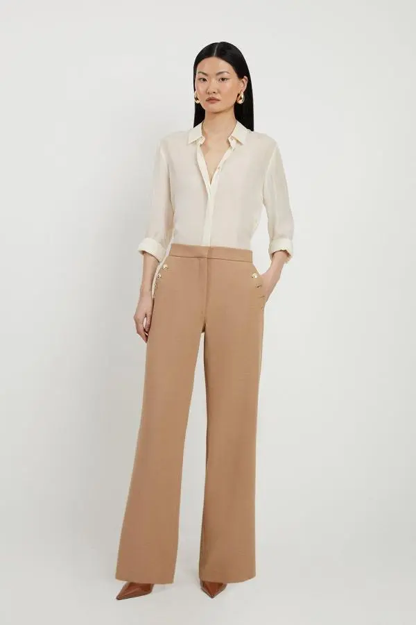 Compact Stretch Tailored Button Detail Wide Leg Trousers - Camel
