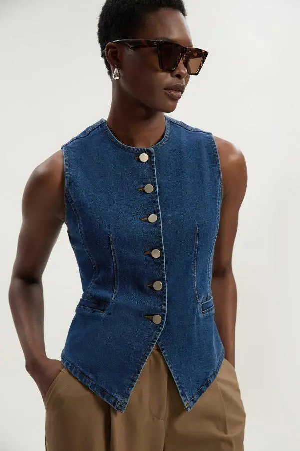Denim High Neck Waistcoat - Mid Blue