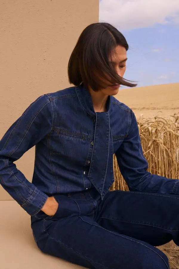 Denim Pussy Bow Blouse - Mid Blue