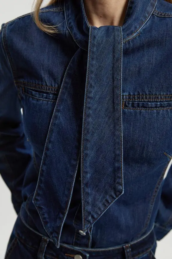Denim Pussy Bow Blouse - Mid Blue