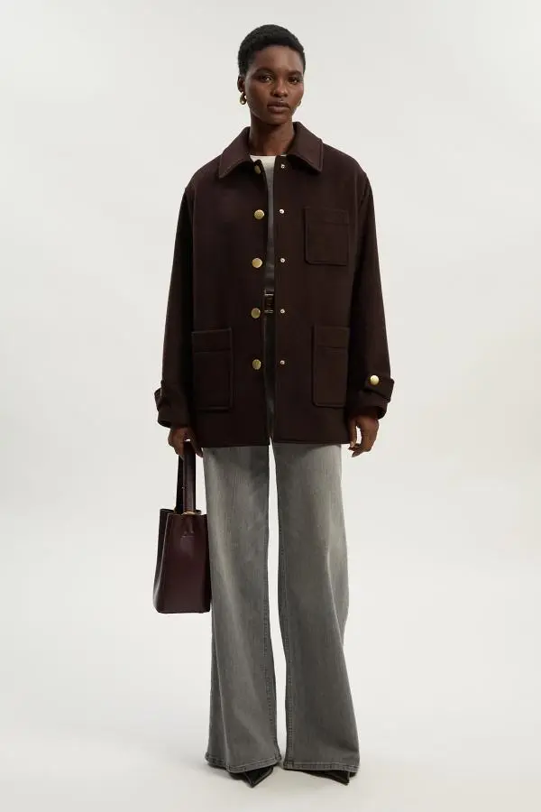 Brushed Wool Patch Pocket Tailored Medium Coat - Brown