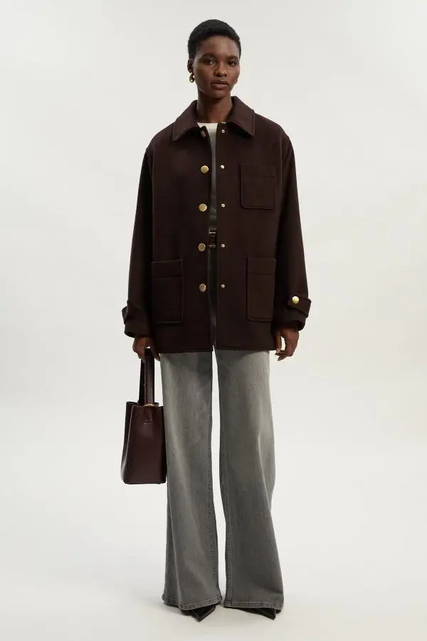 Brushed Wool Patch Pocket Tailored Medium Coat - Brown