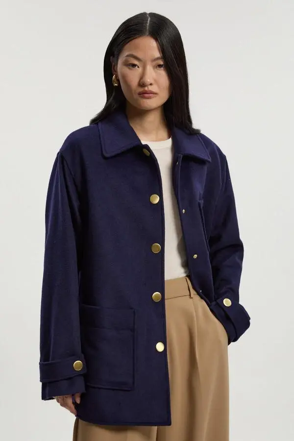 Brushed Wool Patch Pocket Tailored Medium Coat - Navy
