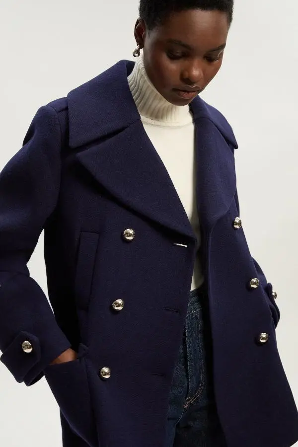 Wool Patch Pocket Tailored Short Coat - Navy