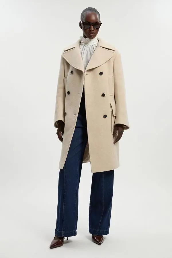 Wool Patch Pocket Tailored Midi Coat - Oatmeal