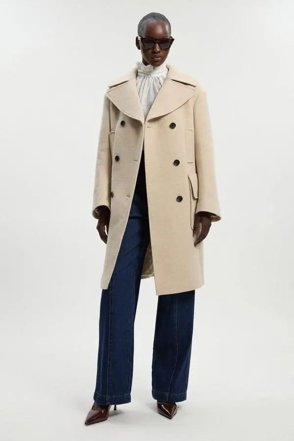 Wool Patch Pocket Tailored Midi Coat - Oatmeal