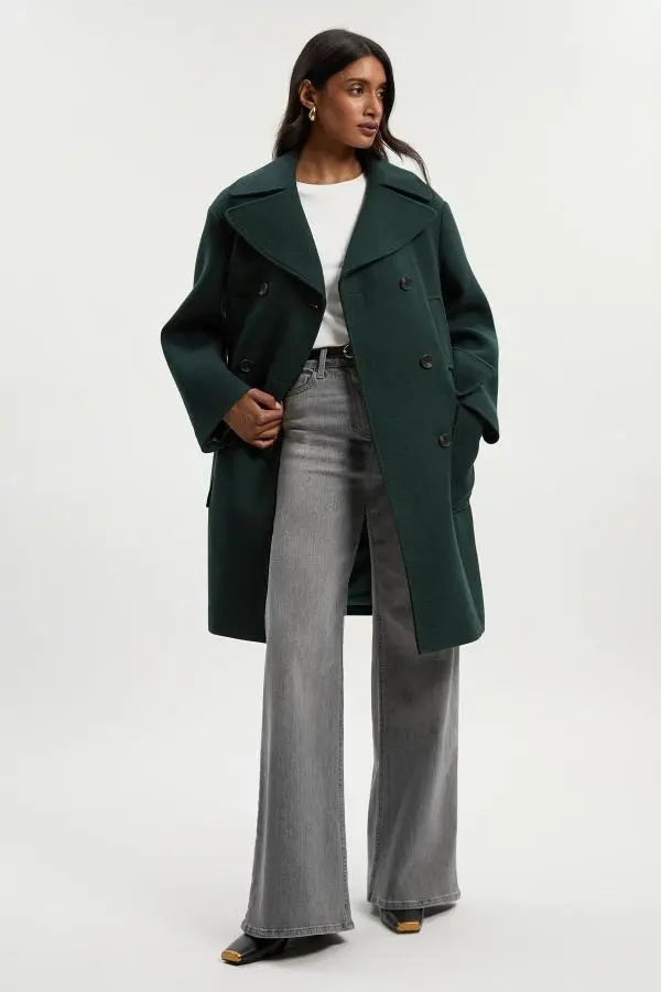 Wool Patch Pocket Tailored Midi Coat - Green