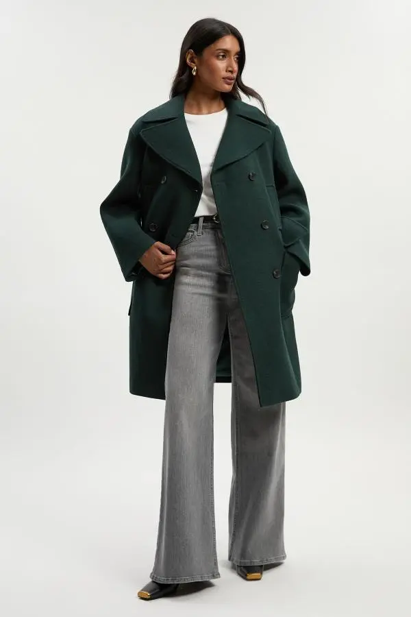Wool Patch Pocket Tailored Midi Coat - Green
