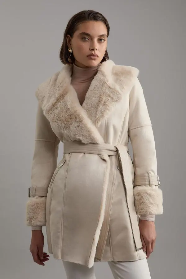 Faux Shearling Collar & Cuff Belted Short Coat - Ivory