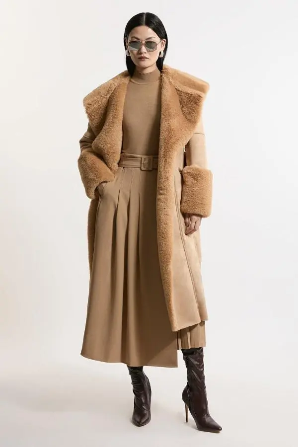 Faux Shearling Collar & Cuff Belted Midi Coat - Camel
