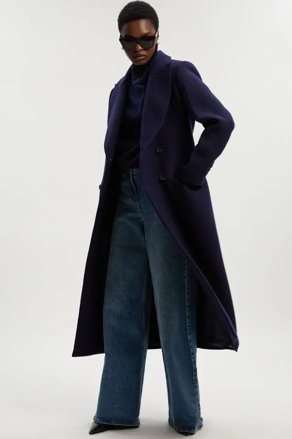 Petite Wool Double Breasted Tailored Midi Coat - Navy