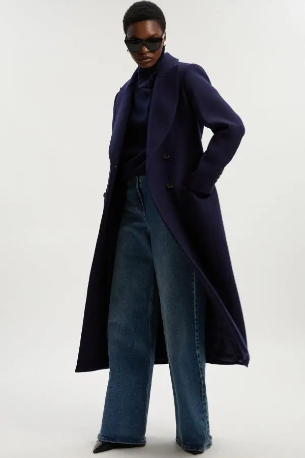 Petite Wool Double Breasted Tailored Midi Coat - Navy