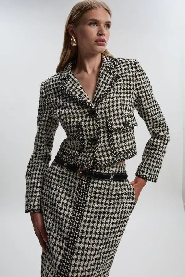Textured Tweed Pocket Front Tailored Cropped Jacket