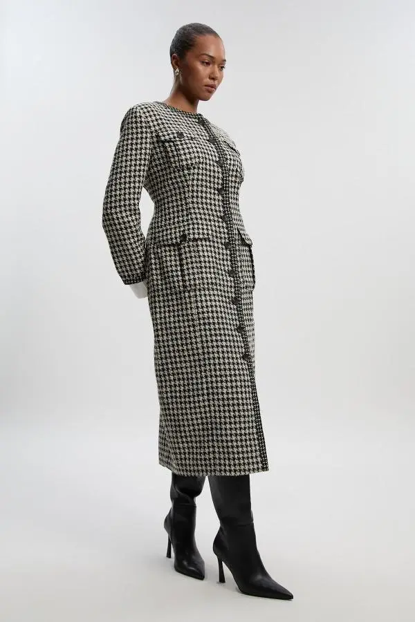Plus Size Tailored Check Contrast Sleeve Pocket Front Midi Dress