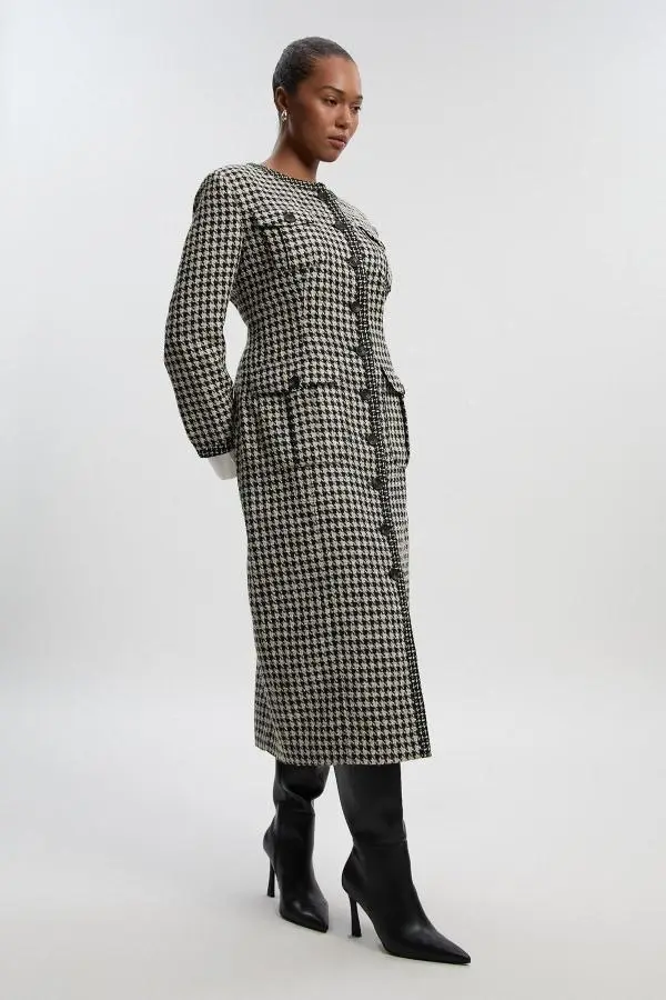 Plus Size Tailored Check Contrast Sleeve Pocket Front Midi Dress