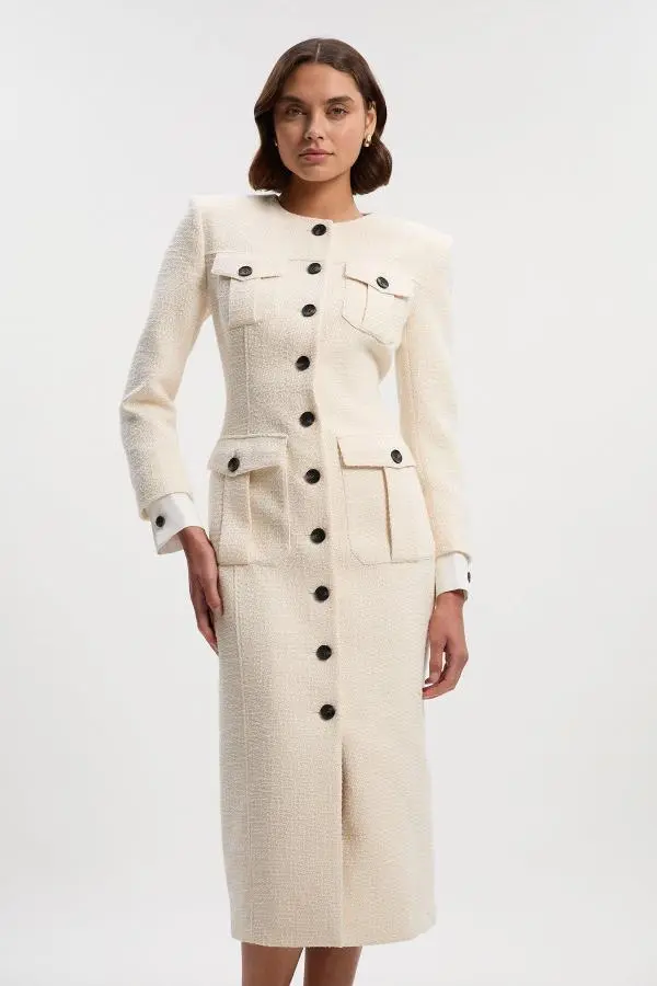 Tailored Check Contrast Sleeve Pocket Front Midi Dress - Cream
