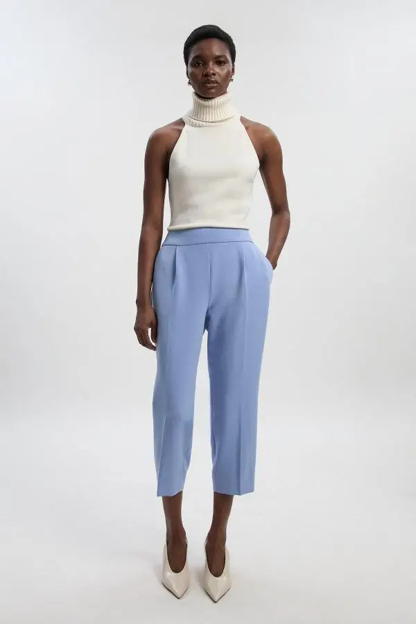 Petite Compact Stretch Essential Tailored High Waist Slim Leg Trouser - Pale Blue