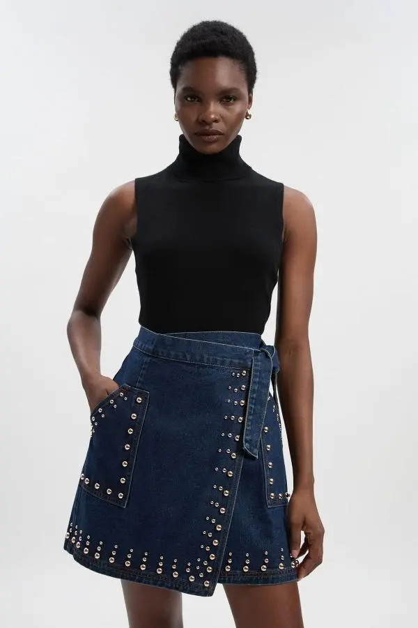 Denim Studded Wrap Mini Skirt - Mid Blue