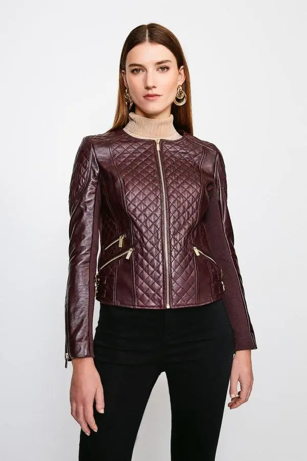 Leather Quilted Biker Jacket - Fig