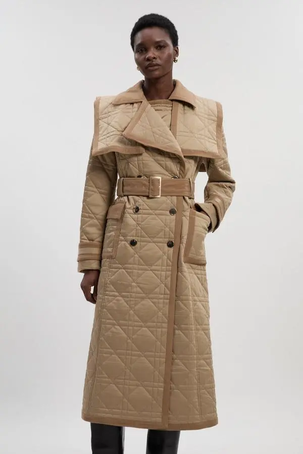 Quilted Padded Cord Mix Trench Coat - Camel