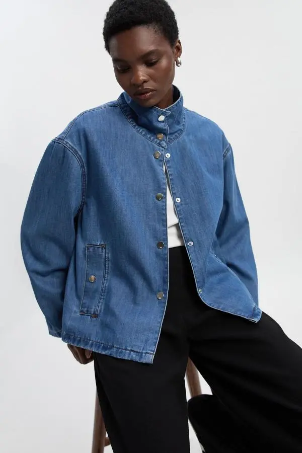 Denim Funnel Neck Jacket - Mid Blue