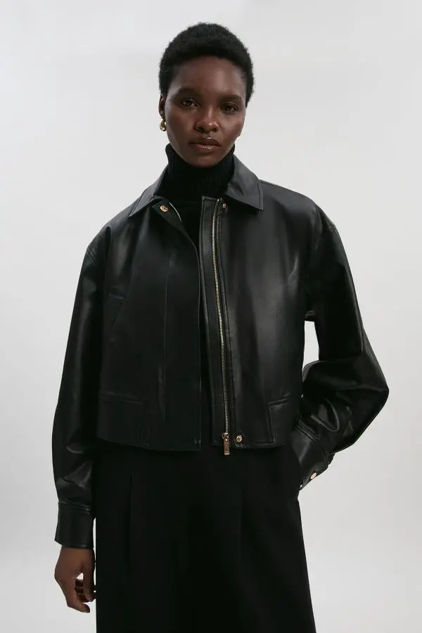 Faux Leather Tailored Bomber Jacket - Black