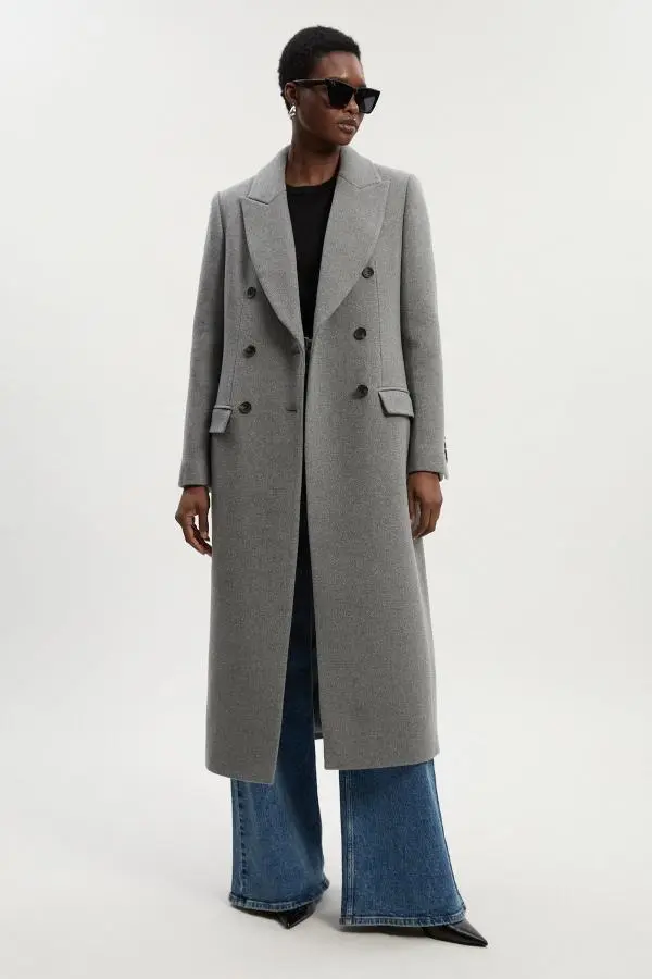 Wool Double Breasted Tailored Midi Coat - Grey Marl