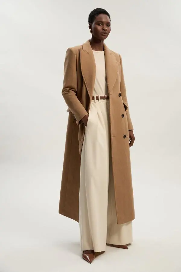 Wool Blend Tailored Fitted Maxi Coat - Camel