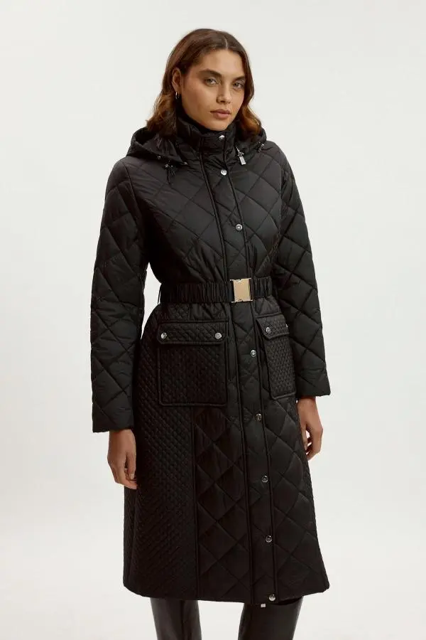 Quilted Hooded Longline Coat - Black