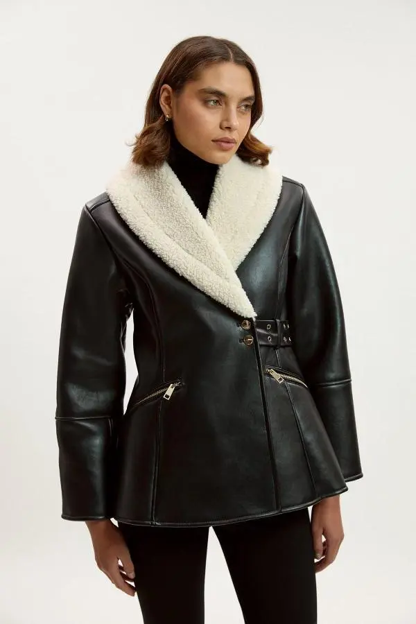 Faux Leather Bonded Waisted Peplum Coat - Mono