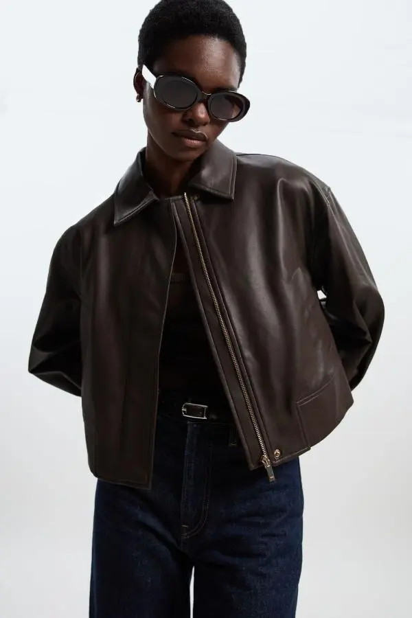 Faux Leather Tailored Bomber Jacket - Brown