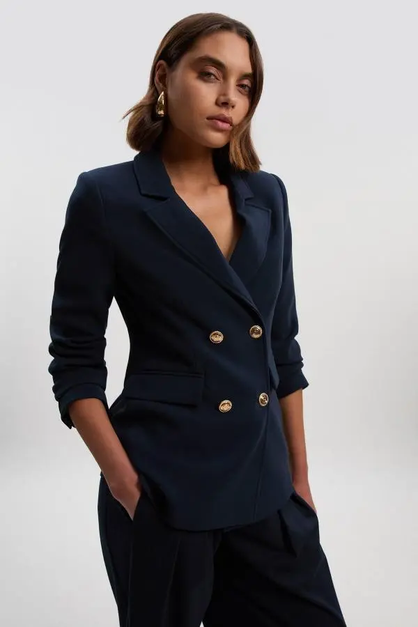 Compact Stretch Essential Tailored Doubled Breasted Blazer - Navy