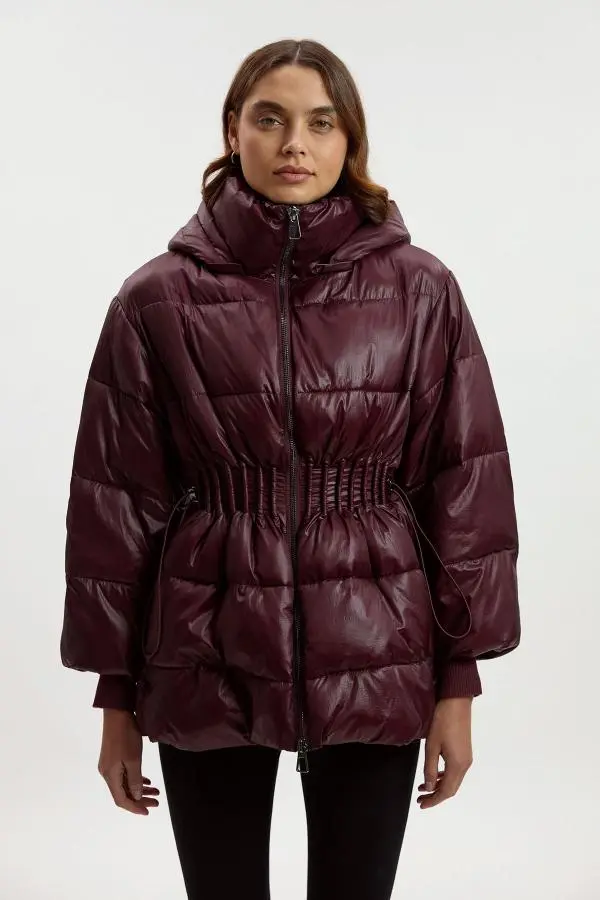 Quilted Drawstring Waist Hooded Rib Cuff Puffer Jacket - Red