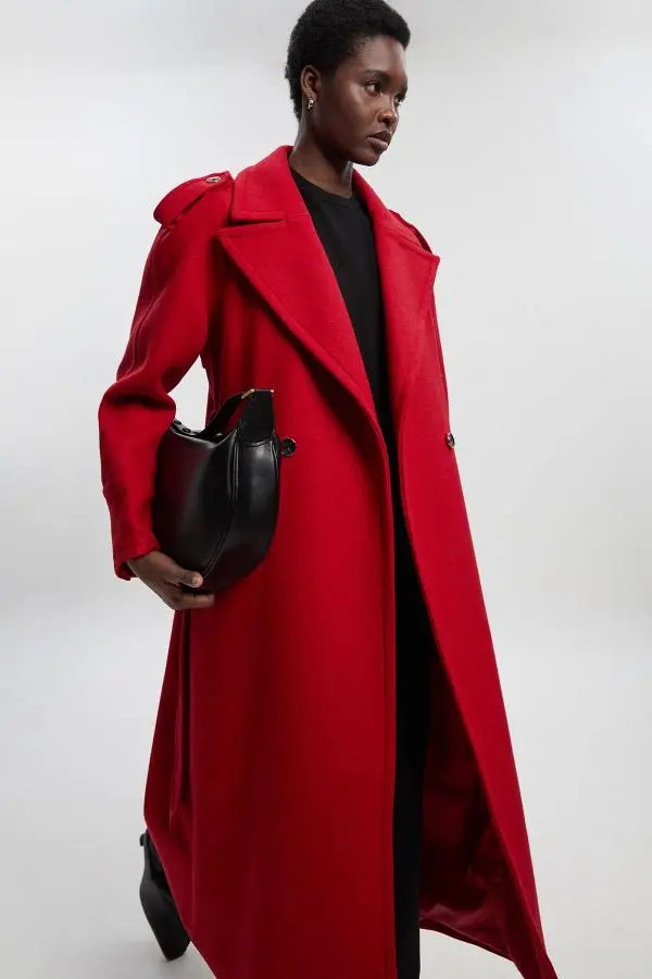 Wool Tailored Belted Midi Coat - Red