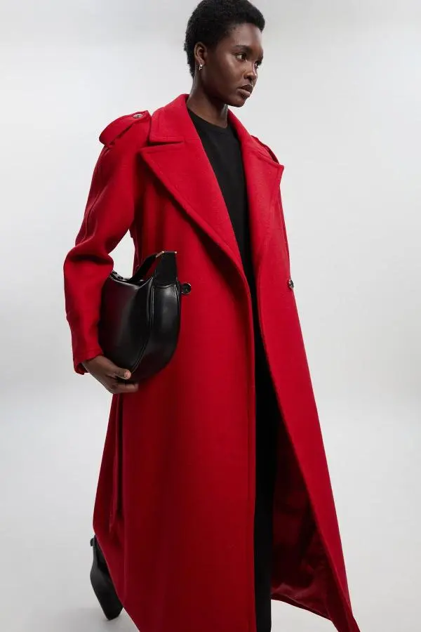 Wool Tailored Belted Midi Coat - Red