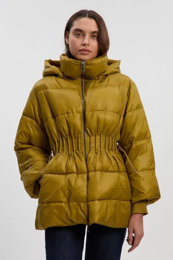 Quilted Drawstring Waist Hooded Rib Cuff Puffer Jacket - Yellow