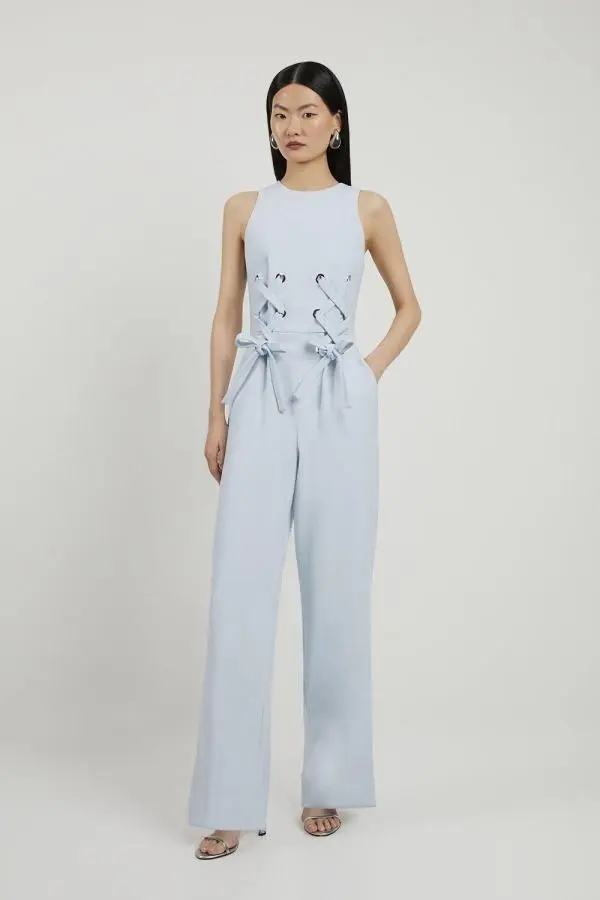 Compact Stretch Eyelet Detailed Ribbon Jumpsuit - Light Blue