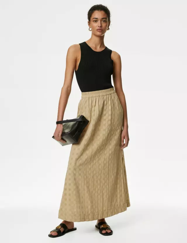 M&S Womens Pure Cotton Jacquard Check Maxi Skirt