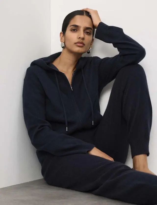 Autograph Pure Cashmere Zip Up Hoodie Midnight Navy
