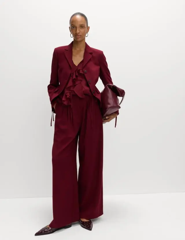 M&S Women's Wool Blend Tailored Wide Leg Trousers 
