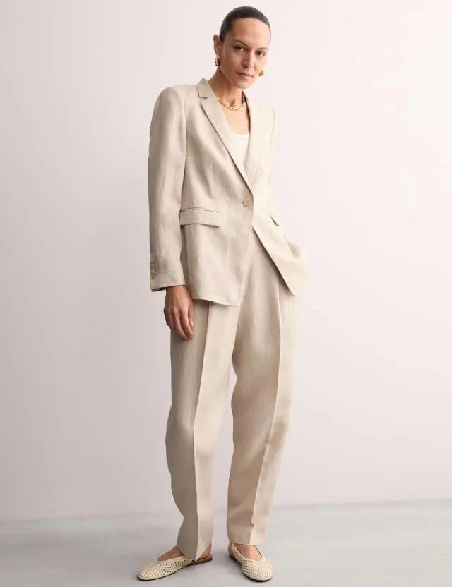 Jaeger Women's Pure Linen Pleat Front Tapered Trousers 
